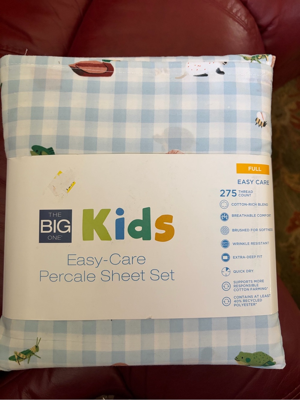 The Big One Kids Easy-Care Percale Sheet Set FULL Blue Gingham with Small Animal